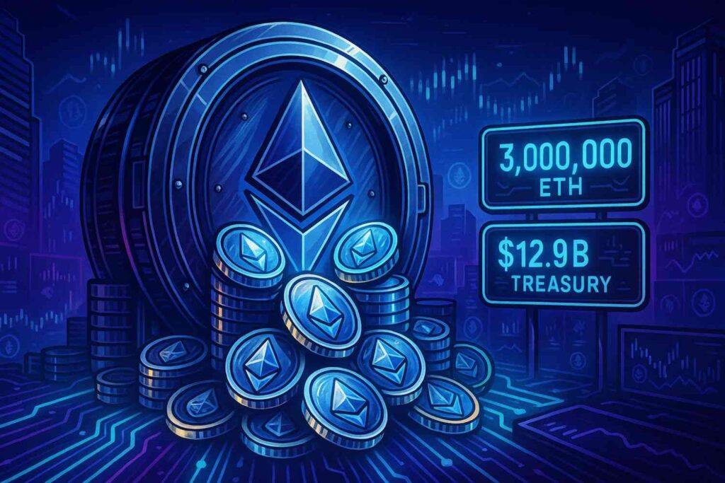 Illustration of BitMine’s Ethereum vault symbolizing its $12.9B crypto treasury milestone.