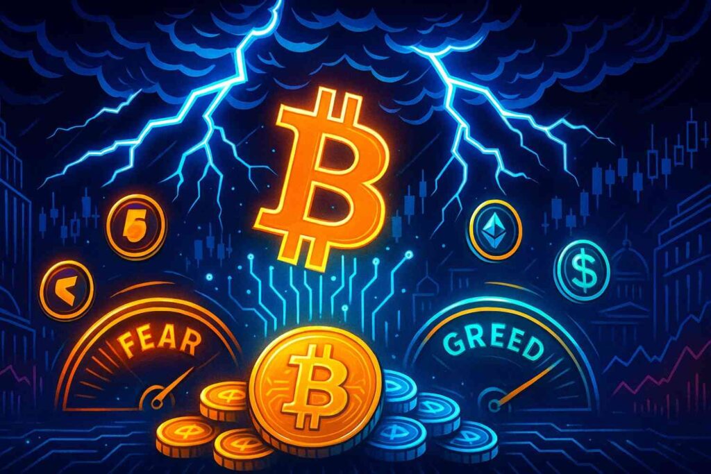 Illustration of Bitcoin emerging from a storm labeled “Fear & Greed,” symbolizing market resilience amid sentiment lows