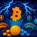 Illustration of Bitcoin emerging from a storm labeled “Fear & Greed,” symbolizing market resilience amid sentiment lows