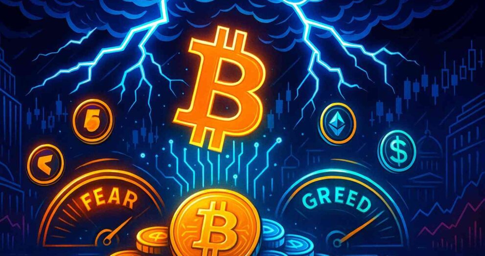 Illustration of Bitcoin emerging from a storm labeled “Fear & Greed,” symbolizing market resilience amid sentiment lows