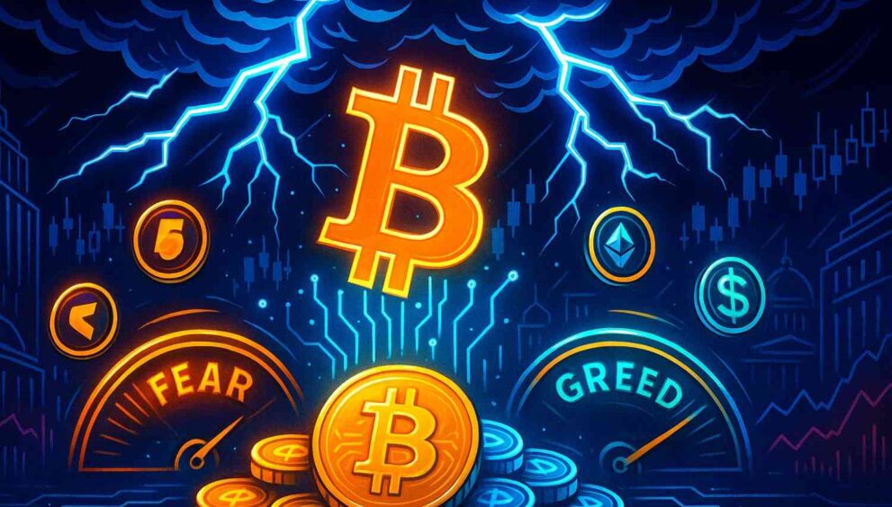 Illustration of Bitcoin emerging from a storm labeled “Fear & Greed,” symbolizing market resilience amid sentiment lows