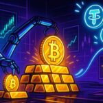 Illustration of Bitcoin stacking, stablecoins rising, and ETF charts glowing to symbolize crypto market growth in September.