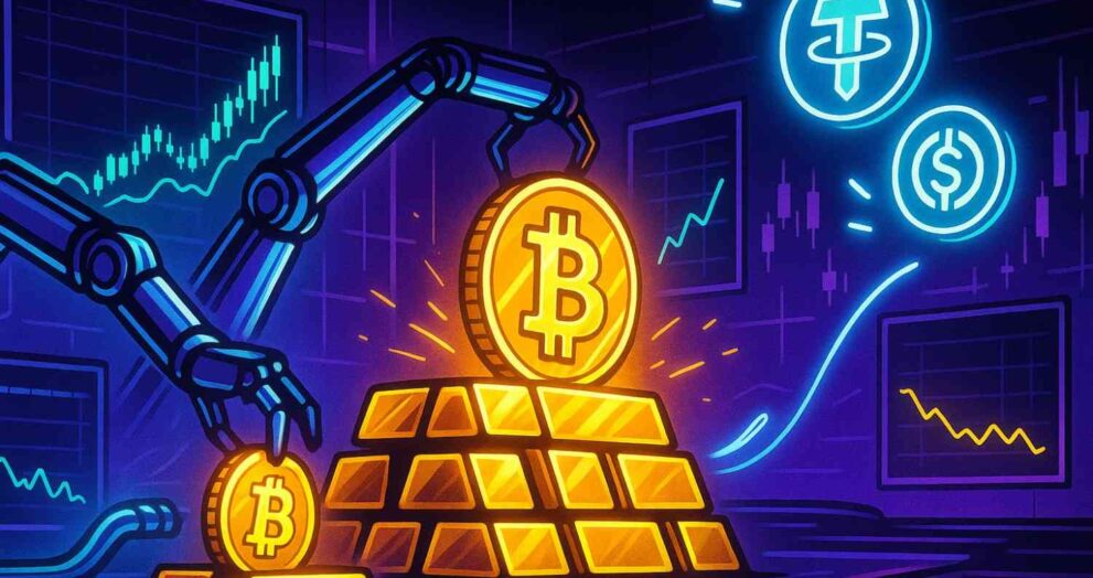 Illustration of Bitcoin stacking, stablecoins rising, and ETF charts glowing to symbolize crypto market growth in September.