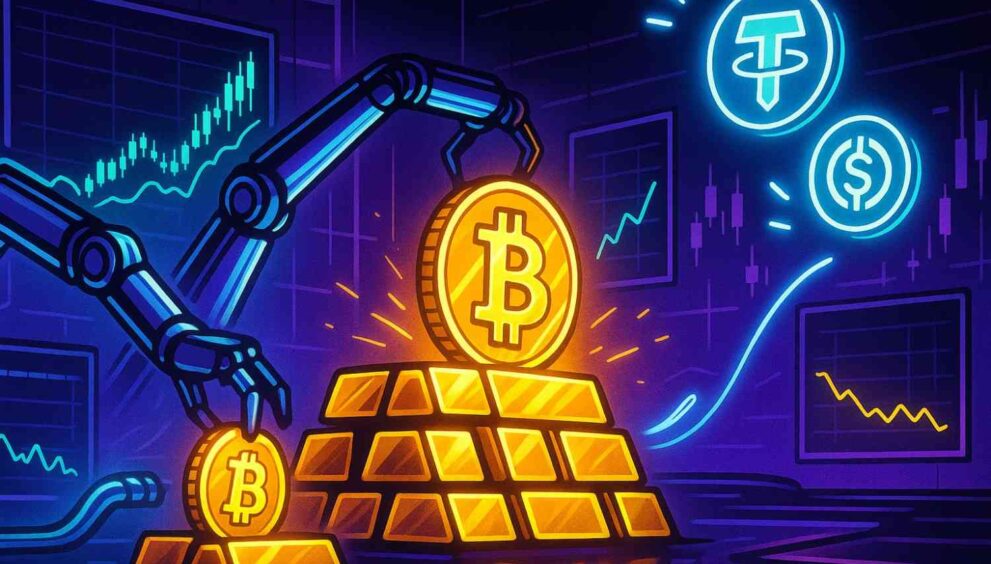 Illustration of Bitcoin stacking, stablecoins rising, and ETF charts glowing to symbolize crypto market growth in September.