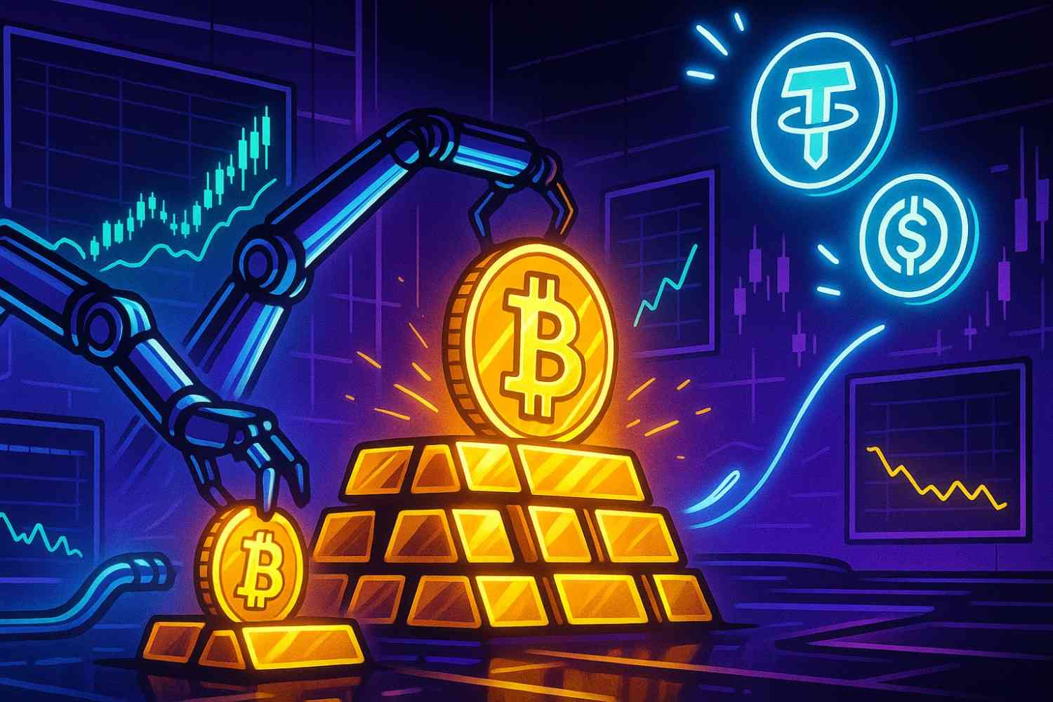 Illustration of Bitcoin stacking, stablecoins rising, and ETF charts glowing to symbolize crypto market growth in September.