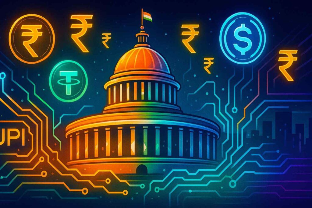 Illustration of India balancing stablecoins and monetary sovereignty through digital rails.