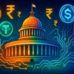 Illustration of India balancing stablecoins and monetary sovereignty through digital rails.