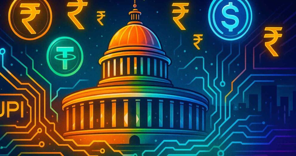 Illustration of India balancing stablecoins and monetary sovereignty through digital rails.