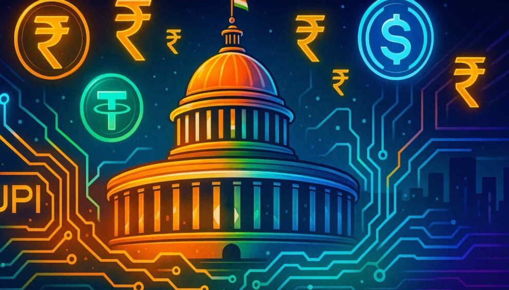 Illustration of India balancing stablecoins and monetary sovereignty through digital rails.